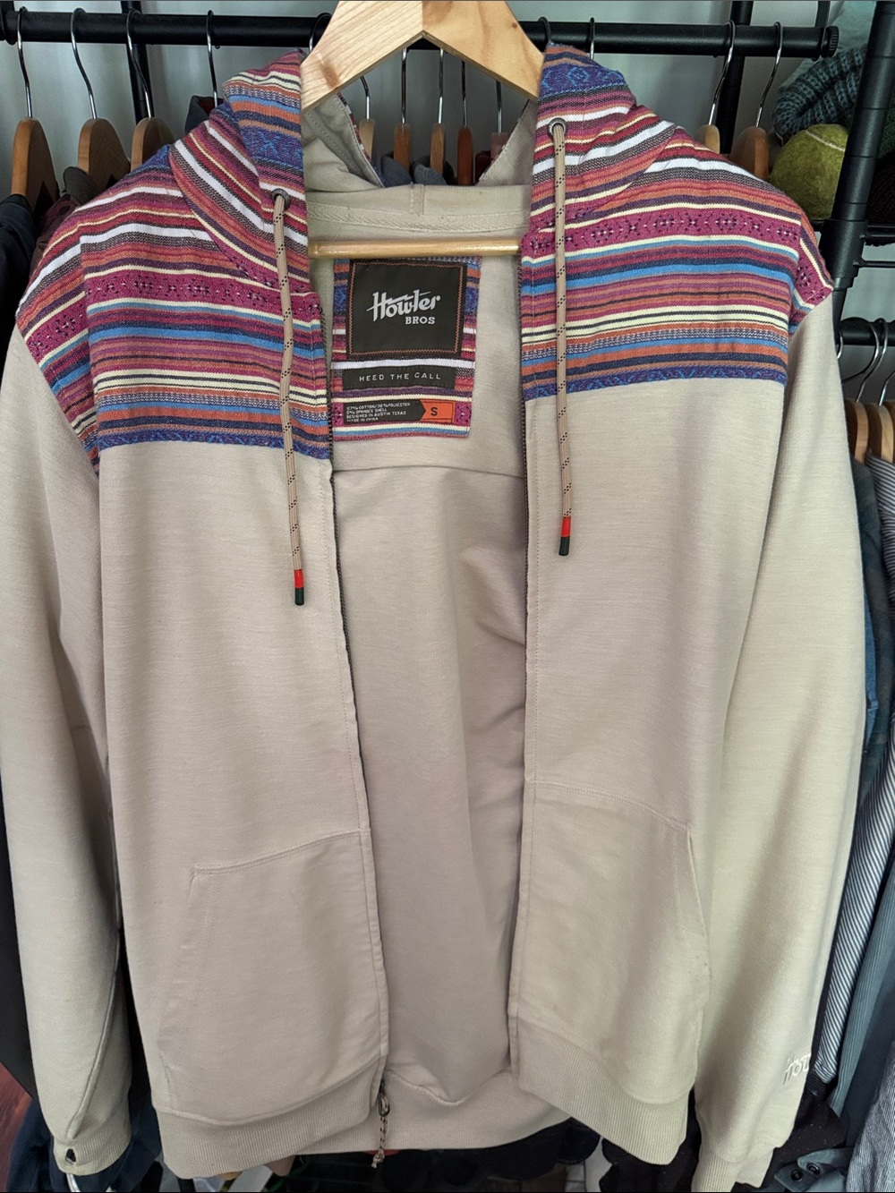 Howler Brothers Beige Zip Hoodie with Multicolor Striped Yoke